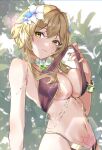  1girl alternate_costume bangs bare_arms blonde_hair bracelet breasts brooch cleavage closed_mouth clothes_pull flower gem genshin_impact glint green_gemstone hair_flower hair_ornament harem_outfit heart heart_tattoo highres jewelry looking_at_viewer lumine_(genshin_impact) medium_breasts navel neck_ring shirt_pull short_hair_with_long_locks sidelocks smile solo stomach tattoo white_flower yellow_eyes yoshitoki_(kisshin) 