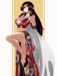  1girl black_hair boa_hancock breasts cape cleavage closed_mouth dress earrings english_commentary frown high_heels highres jewelry knee_up large_breasts long_hair looking_at_viewer navel one_piece pointing pointing_at_viewer snake_earrings solo thejg 