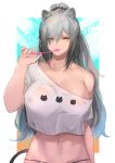  1girl absurdres animal_ears arknights bangs brushing_teeth cat_ears cat_tail commentary_request crop_top crop_top_overhang grey_hair hand_up highres holding holding_toothbrush long_hair looking_at_viewer midriff navel off-shoulder_shirt off_shoulder ponytail schwarz_(arknights) shirt short_sleeves single_bare_shoulder solo stomach tail toothbrush upper_body very_long_hair white_shirt yellow_eyes yujieai 