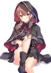  1girl absurdres belt black_capelet black_dress black_footwear boots braid breasts brown_belt brown_eyes brown_hair capelet dress highres hood hood_up hooded_capelet kantai_collection large_breasts long_hair looking_at_viewer o-sirius pleated_dress red_ribbon ribbon shinshuu_maru_(kancolle) simple_background sitting solo twin_braids white_background 