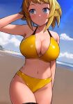  1girl alternate_costume arm_up bangs beach bikini blue_eyes blush breasts brown_hair closed_mouth commentary_request gundam gundam_build_fighters gundam_build_fighters_try haruhisky highres hoshino_fumina large_breasts navel outdoors short_hair smile solo swimsuit thighhighs wet yellow_bikini 