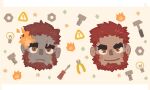  2boys bara beard blush_stickers bolt brown_eyes commentary_request dark-skinned_male dark_skin eyebrow_cut facial_hair fire flaming_eye head_only hephaestus_(housamo) korean_commentary letterboxed male_focus mature_male multiple_boys nut_(hardware) orange_background red_hair scar scar_on_face screwdriver short_hair sign smile syukapong talos_(housamo) thick_eyebrows tokyo_afterschool_summoners warning_sign wire_cutters 