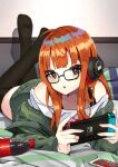  1girl absurdres ahoge bangs bed_sheet black_thighhighs blunt_bangs brown_eyes cappu cellphone chestnut_mouth feet_up glasses green_jacket handheld_game_console headphones highres holding holding_handheld_game_console jacket long_hair looking_at_viewer lying nintendo_switch no_shoes off-shoulder_shirt off_shoulder on_stomach orange_hair parted_lips persona persona_5 phone sakura_futaba shirt smartphone soda_bottle soles solo thighhighs 