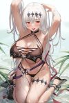  1girl :p armpits arms_up bangs bikini black_bikini black_footwear blush breasts cleavage dark_jeanne derivative_work granblue_fantasy grey_hair highres jeanne_d&#039;arc_(granblue_fantasy) jeanne_d&#039;arc_(summer)_(granblue_fantasy) kneeling large_breasts long_hair looking_at_viewer navel parted_lips partially_submerged red_eyes solo suzuame_yatsumi swimsuit thigh_strap thighs tongue tongue_out water wet 