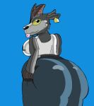  anthro big_butt blue_bottomwear blue_clothing blue_pants bottomwear bovid butt butt_grab caprine clothing epic_games female fortnite fur goat goat_simulator grey_body grey_fur hand_on_butt horn mammal pants pilgor_(goat_simulator) solo tongue tongue_out video_games yellow_eyes 