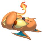  2022 breasts charizard detailed_background generation_1_pokemon hi_res human lying mammal nintendo nipples nude on_back orange_body pokemon pokemon_(species) reptile sal-sal scalie simple_background size_difference tongue tongue_out video_games white_background wings 