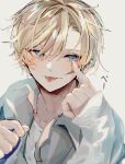  1boy :p blonde_hair blue_eyes blush facing_viewer grey_hoodie hood hoodie long_sleeves looking_to_the_side male_focus original shirt short_hair solo sweat tongue tongue_out u-sama_(u_summer0719) white_background white_shirt 