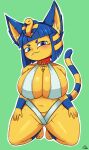  absurd_res animal_crossing ankh ankha_(animal_crossing) anthro big_breasts blue_eyes blue_hair blush breasts clothing collar domestic_cat egyptian_headdress felid feline felis female fur green_background hair hi_res huge_breasts jolli-ceta kneeling looking_at_viewer mammal markings navel nintendo short_hair short_stack simple_background slightly_chubby solo striped_markings striped_tail stripes tail_markings thick_thighs video_games white_clothing wide_hips yellow_body yellow_fur 