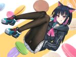  1girl animal_ears bangs black_choker black_hair black_jacket black_pantyhose blue_archive blush cat_ears choker colored_inner_hair food full_body hair_ornament hairclip halo holding hood hood_down jacket kazusa_(blue_archive) licking_lips long_sleeves looking_at_viewer macaron mattsun_(kai) multicolored_hair neckerchief outdoors panties panties_under_pantyhose pantyhose pantyshot pendant_choker pink_eyes pink_hair pink_neckerchief pleated_skirt red_eyes shoes short_hair sidelocks skirt sneakers solo tongue tongue_out underwear white_skirt 