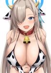  absurdres animal_ears animal_print asuna_(blue_archive) bell blue_archive blue_eyes breasts collar cow_ears cow_girl cow_horns cow_print cowbell hair_over_one_eye hair_ribbon happy highres horns huge_breasts kevin5573 large_breasts looking_at_viewer navel ribbon smile 