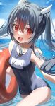  1girl :d absurdres bangs bare_arms bare_shoulders black_hair blue_one-piece_swimsuit blush borrowed_character breasts character_request collarbone colored_tips commentary_request covered_navel hair_between_eyes highres holding holding_innertube horizon innertube long_bangs long_hair looking_at_viewer multicolored_hair name_tag ningen_mame ocean open_mouth original partially_submerged red_eyes red_hair red_innertube school_swimsuit small_breasts smile splashing swimsuit translation_request twintails two-tone_hair water wet wing_hair_ornament 
