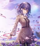  1girl bangs belt belt_buckle black_belt black_pantyhose blurry blurry_foreground brown_dress buckle bug butterfly cowboy_shot day dress field floating_hair flower flower_field hair_between_eyes hair_ribbon hanahanamaki highres long_hair long_sleeves looking_at_viewer original outdoors pantyhose pink_ribbon print_sleeves purple_flower purple_hair ribbon shiny shiny_hair short_dress solo sousouman standing tongue tongue_out yellow_eyes 