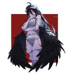  1girl :d absurdres ahoge albedo_(overlord) bangs black_hair black_wings dated demon_girl dress elbow_gloves floating_hair gloves hair_between_eyes highres hip_vent horns layered_dress long_hair low_wings open_mouth overlord_(maruyama) red_background slit_pupils smile solo very_long_hair white_dress white_gloves wings xtai5 yellow_eyes 