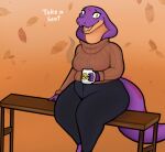  2022 anthro autumn bench bottomwear chubby_anthro chubby_female clothed clothing cobra coffee_mug dialogue english_text falling_leaves fangs female hi_res holding_mug holding_object keeshee leaf looking_at_viewer mug ncs open_mouth open_smile orange_background outside pants reptile scalie simple_background sitting smile snake snake_hood solo sweater talking_to_viewer text thick_thighs tongue topwear turtleneck 