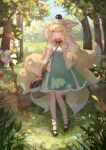  1girl absurdres animal_ears aqua_hairband aqua_skirt arknights bag basket blonde_hair blue_flower bow brown_bag bug butterfly buttons cardigan chinese_commentary closed_mouth commentary creature_on_head day flower forest fox_ears fox_girl fox_tail frilled_hairband frills frown full_body grass green_eyes hairband hand_in_own_hair hand_up handbag heixiu highres holding holding_basket leaf long_hair long_sleeves looking_at_viewer luoxiaohei multiple_tails mushroom nature neck_ribbon official_alternate_costume outdoors red_flower red_ribbon ribbon shirt skirt sky solo staff standing suzuran_(arknights) suzuran_(spring_praise)_(arknights) tail the_legend_of_luo_xiaohei tree water_drop white_bow white_butterfly white_flower white_shirt yan_ge 