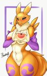  &lt;3 absurd_res anthro areola bandai_namco big_breasts blush breasts canid canine claws digimon digimon_(species) digital_media_(artwork) female fur genitals gesture hand_heart hi_res huge_breasts looking_at_viewer mammal nipples nude oppai_heart pussy renamon simple_background smile solo thick_thighs white_body white_fur yellow_body yellow_fur 