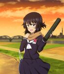  1girl alternate_costume andou_(girls_und_panzer) black_hair blush bridge brown_eyes flower girls_und_panzer hair_ornament hairclip highres key_(gaigaigai123) looking_at_viewer open_mouth outdoors rose scarf school_uniform shiny shiny_hair shiny_skin short_hair sky smile solo 