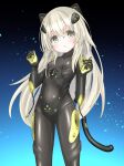  1girl animal_ears arms_up black_bodysuit black_gloves blonde_hair bodysuit breasts brown_hair cat_ears cat_tail character_request copyright_request fake_animal_ears fake_tail gloves headgear highres langley1000 long_hair looking_at_viewer open_mouth pilot_suit skin_tight small_breasts solo tail thighs 