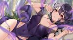  1girl ahoge alternate_costume anklet bangs black_hair black_one-piece_swimsuit bracelet breasts character_doll collarbone corruption covered_navel dark_persona fire_emblem fire_emblem_awakening fire_emblem_heroes grima_(fire_emblem) hair_between_eyes haru_(nakajou-28) highleg highleg_leotard jewelry leotard looking_at_viewer lying magic medium_breasts morgan_(fire_emblem) morgan_(fire_emblem)_(female) open_mouth outdoors plant purple_hair purple_leotard purple_one-piece_swimsuit red_eyes see-through shiny shiny_hair short_hair small_breasts solo swimsuit thighlet thighs tree 