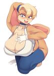  2022 absurd_res anthro big_breasts blue_eyes blush breasts cervina7_(artist) chest_tuft cleavage clothed clothing digital_media_(artwork) female gloves hair hand_on_breast handwear hi_res huge_breasts lagomorph leporid lola_bunny long_ears looney_tunes mammal open_mouth rabbit simple_background solo tuft warner_brothers white_background 