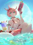  1girl 6+others blue_eyes bow bracelet candy drink elphelt_valentine fish food guilty_gear guilty_gear_xrd hair_bow holding holding_water_gun jewelry lollipop multiple_others pink_hair rainbow sky_background swimsuit water_gun youmicitrustea 