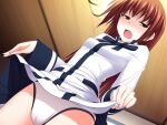  1girl blush brown_hair clothes_lift dress_shirt embarrassed game_cg indoors kawagishi_keitarou kawakami_kazuko lifted_by_self long_hair long_sleeves looking_away maji_de_watashi_ni_koi_shinasai! miniskirt open_mouth panties pleated_skirt shiny shiny_hair shirt skirt skirt_lift solo standing straight_hair underwear very_long_hair white_panties white_shirt yellow_eyes 