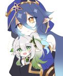  2girls :d bangs bare_shoulders blue_hair blush bright_pupils carrying carrying_person closed_mouth cross-shaped_pupils drill_locks female_child genshin_impact gradient_hair green_eyes green_hair gyo02 hair_between_eyes hair_ornament highres hood hood_up juliet_sleeves layla_(genshin_impact) leaf_hair_ornament long_sleeves looking_at_viewer looking_away multicolored_hair multiple_girls nahida_(genshin_impact) pointy_ears puffy_sleeves simple_background smile white_background white_hair white_pupils yellow_eyes 