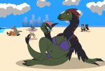  anthro ball beach beach_ball belly beverage big_belly bikini bikini_bottom bikini_top binoculars bootz_(bootleggz) bottomwear breasts brown_hair cervid city cityscape claws clothed clothing cloud container crocodilian cup detailed_background digital_media_(artwork) digitigrade dinosaur domestic_rabbit drinking_glass erection erection_under_clothing feathered_dinosaur feathers feet female fingers glass glass_container glass_cup green_body group hair hi_res inflatable lagomorph leporid looking_annoyed lop_rabbit lutrine lying lying_on_ground male mammal mustelid navel oryctolagus outside pants pink_body pool_toy pregnant pregnant_female rabbit reptile sand scalie sea seaside shoreline shorts signature sky solo solo_focus specimenzach standing swimming_trunks swimwear tail_tuft theena_(specimenzach) therizinosaurid theropod toe_claws toes topwear tuft water wine_glass 