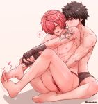  2boys arm_tattoo artist_name bandaged_arm bandaged_hand bandages bangs barefoot behind_another black_hair black_male_underwear blue_eyes blush boxer_briefs bulge fang fate/grand_order fate_(series) feet fujimaru_ritsuka_(male) fundoshi fuuma_kotarou_(fate) hair_over_one_eye half-closed_eye hands_on_own_leg highres hug hug_from_behind indian_style japanese_clothes kamenakake knees_up legs_together male_focus male_underwear multiple_boys nipples open_mouth own_hands_together parted_bangs parted_lips pectorals red_eyes red_fundoshi red_hair short_hair simple_background sitting tattoo toned toned_male twitter_username underwear underwear_only waist_hug yaoi 