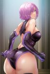  1girl adjusting_clothes ass bangs bare_shoulders blush bodysuit breasts daraz elbow_gloves fate/grand_order fate_(series) gloves hair_over_one_eye highres huge_ass large_breasts light_purple_hair looking_at_viewer looking_back mash_kyrielight parted_lips pink_hair purple_eyes purple_hair short_hair solo sweat thighhighs 
