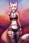  2022 absurd_res anthro bra canid canine canis clothing felid female gradient_background harness hi_res kunstwaffe legwear mammal open_mouth pantherine signature simple_background solo stockings underwear wolf 