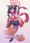  1girl absurdres animal_ear_fluff animal_ears animal_hair_ornament blue_archive brown_hair bsm_(nerdmin) fishnet_thighhighs fishnets floral_print fox fox_ears fox_girl fox_hair_ornament fox_shadow_puppet fox_tail gloves hair_ornament halo highres holster izuna_(blue_archive) japanese_clothes kunai loafers obi partially_fingerless_gloves pink_scarf pleated_skirt pom_pom_(clothes) pom_pom_hair_ornament sash scarf school_uniform serafuku shirt shoes short_hair single_thighhigh skirt sleeveless sleeveless_shirt standing standing_on_one_leg tail thigh_holster thighhighs weapon white_serafuku wrist_wrap yellow_eyes 