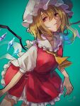  1girl absurdres aqua_background blonde_hair closed_mouth collarbone crystal dated flandre_scarlet hat highres looking_at_viewer m_(neteitai10) mob_cap neckerchief one_side_up red_eyes short_sleeves signature simple_background solo touhou white_headwear wings yellow_neckerchief 