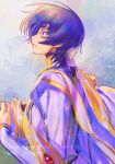  1boy black_hair c_(rahit) code_geass hat holding holding_clothes holding_hat lelouch_lamperouge male_focus painting_(medium) purple_eyes short_hair smile solo traditional_media watercolor_(medium) watermark 