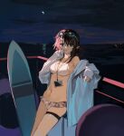  1girl absurdres arknights bangs bare_shoulders bikini black_eyes black_hair chinese_commentary commentary_request cowboy_shot goggles goggles_on_head grey_jacket hair_between_eyes highres jacket la_pluma_(arknights) la_pluma_(summer_flowers)_(arknights) looking_at_viewer navel night night_sky off_shoulder open_clothes open_jacket outdoors parted_lips pe902 short_hair sky solo standing stomach surfboard swimsuit thigh_strap thighs white_bikini 