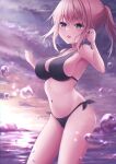  1girl bikini black_bikini blue_eyes breasts cowboy_shot gradient_sky highres horizon large_breasts light_brown_hair limepantsu long_hair looking_at_viewer ocean original ponytail side-tie_bikini_bottom sky solo sun sunset swimsuit water 