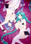  2girls ass bangs bed_sheet bikini blue_hair blush braid breasts canal_vorfeed facial_mark forehead_mark green_hair highres huge_breasts large_breasts long_hair looking_at_viewer lost_universe lying maid_bikini maid_headdress multiple_girls paid_reward_available purple_eyes smile solo swimsuit thighhighs twin_braids very_long_hair white_thighhighs zatsu 