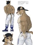  absurd_res anthro blue_eyes bottomwear clothed clothing cougar felid feline footwear hat headgear headwear hi_res male mammal mascot muscular muscular_male pants rofu_kagazaki shirtless shoes smile sneakers solo sportswear topless yaco_puma 