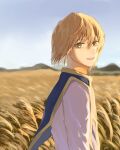  1boy absurdres blonde_hair blue_vest blurry bob_cut depth_of_field field hair_between_eyes highres hunter_x_hunter kurapika looking_at_viewer male_focus parunosyumi shirt smile solo vest wheat_field white_shirt 