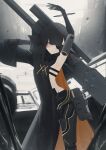 1girl absurdres arm_behind_head bangs black_dress black_hair breasts closed_mouth dress eyepatch facial_mark feet_out_of_frame girls&#039;_frontline grey_eyes gun hand_up highres holding holding_gun holding_weapon long_hair looking_at_viewer mechanical_arms mechanical_legs nyto_(girls&#039;_frontline) nyto_adeline_(girls&#039;_frontline) paradeus simple_background solo standing thomas_8000 weapon weapon_on_back 