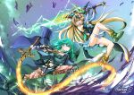  2girls absurdres aegis_sword_(xenoblade) ass battle blonde_hair breasts byleth_(fire_emblem) byleth_(fire_emblem)_(female) cleavage debris fire_emblem fire_emblem:_three_houses glowing glowing_sword glowing_weapon green_hair highres large_breasts long_hair midair multiple_girls mythra_(xenoblade) panties serious sofusan1526 super_smash_bros. sword_of_the_creator tiara underwear weapon whip_sword white_panties xenoblade_chronicles_(series) xenoblade_chronicles_2 