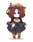  &gt;_&lt; 1girl :3 bangs black_dress brown_hair brown_pantyhose closed_mouth commentary_request days_in_a_flash_(umamusume) dress frilled_sleeves frills full_body hair_between_eyes highres horse_girl juliet_sleeves long_sleeves meisho_doto_(dot-o&#039;-lantern)_(umamusume) meisho_doto_(umamusume) multicolored_hair nozo_(hitomiz) orange_headwear pantyhose photoshop_(medium) puffy_sleeves pumpkin_hat purple_eyes purple_footwear shadow shoes simple_background sleeves_past_wrists solo standing two-tone_hair umamusume white_background white_hair 