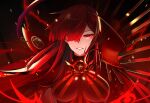  1girl absurdres breasts breasts_apart fate/grand_order fate_(series) floating_hair grin hair_over_one_eye highres long_hair looking_at_viewer medium_breasts oda_nobunaga_(fate) oda_nobunaga_(maou_avenger)_(fate) polk red_eyes red_hair smile solo upper_body 