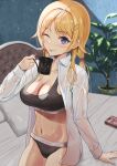  1girl ;p absurdres bangs bed_fram bed_sheet black_panties blonde_hair blue_eyes blush breasts cigarette_pack cleavage closed_mouth coffee_mug cup hachimiya_meguru hair_ornament hairclip highres holding holding_cup idolmaster idolmaster_shiny_colors indoors large_breasts long_hair long_sleeves looking_at_viewer mug on_bed one_eye_closed open_clothes open_shirt panties plant potted_plant see-through shirt sitting smile solo sports_bra taki_rentaro tongue tongue_out underwear wet wet_clothes wet_shirt white_shirt 