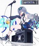  1girl ankle_strap black_shorts blue_footwear blue_hair blue_jacket boombox boots bronya_zaychik bubble_blowing cable cd commentary cropped_hoodie detached_sleeves drill_hair full_body goggles goggles_on_head grey_eyes grey_hair hanchan540 highres holding_cd honkai_(series) honkai_impact_3rd hood hood_down hoodie jacket long_hair looking_at_viewer microphone microphone_stand multicolored_hair off_shoulder pouch shorts simple_background sitting solo streaked_hair symbol-only_commentary thigh_strap twin_drills very_long_hair white_background white_hoodie 