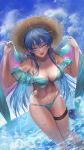  1girl :d absurdres bangs bikini blue_bikini blue_eyes blue_hair blue_sky breasts cleavage cloud collarbone day duel_monster eria_(yu-gi-oh!) eria_the_water_charmer floating_hair groin hair_between_eyes hat highres large_breasts leaning_forward long_hair navel ocean off-shoulder_bikini off_shoulder open_mouth outdoors sayaka_ikku shiny shiny_skin sky smile solo standing straw_hat sun_hat swimsuit thigh_strap very_long_hair wading yu-gi-oh! 