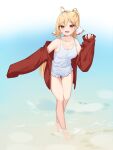  1girl :d absurdres ahoge bare_shoulders blonde_hair breasts collarbone highres jacket jingburger long_hair long_sleeves looking_at_viewer medium_breasts off_shoulder one-piece_swimsuit open_clothes open_jacket open_mouth ponytail red_eyes red_jacket smile solo standing swimsuit thighs very_long_hair virtual_youtuber wading waktaverse white_one-piece_swimsuit ziro_(zirorong) 