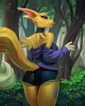  2022 anthro bandai_namco black_sclera blue_eyes butt clothed clothing digimon digimon_(species) dipstick_tail female fur fur_markings hacatiko hi_res looking_at_viewer looking_back looking_back_at_viewer markings multicolored_body multicolored_fur outside plant renamon solo tail_markings tree two_tone_body two_tone_fur white_body white_fur yellow_body yellow_fur 