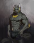  abs absurd_res anthro awaldkize black_bottomwear black_clothing black_nipples black_nose black_pants black_underwear bottomwear bulge canid clothed clothing front_view fur grey_body grey_ears grey_fur head_tuft hi_res inner_ear_fluff looking_aside male mammal mouth_closed muscular muscular_anthro muscular_male navel nipples pants pecs portrait simple_background solo standing three-quarter_portrait topless tuft underwear unsigned white_inner_ear white_inner_ear_fluff yellow_eyes 