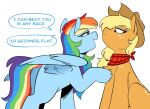  applejack_(mlp) blonde_hair chest_tuft clothing cowboy_hat dialogue earth_pony english_text equid equine female friendship_is_magic hair hasbro hat headgear headwear horse mammal multicolored_hair my_little_pony neckerchief pegasus pony rainbow_hair redxbacon simple_background text tuft white_background wings 